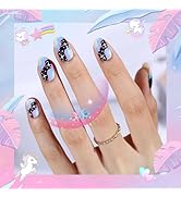 Press On Nails Short Almond, SHOWMORE Summer Colorful Fake Nails Medium Pastel Pink Blue Galaxy G...