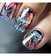 Square Press on Nails Medium Length Fake Nails with Golden Crack Designs Full Cover Glue on Nails...