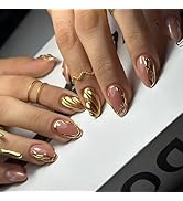 24Pcs French Press on Nails Medium Almond Nails Chrome Gold Fake Nails with Designs Reusable Gold...