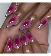 24Pcs Silver French Tip Press on Nails Medium Almond Fake Nails with Designs Rose Red False Nails...
