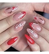Christmas Press on Nails Medium Almond Fake Nails Red French Tip False Nails with Designs Christm...