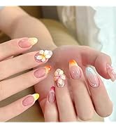 3D Flower Press on Nails Medium Almond Fake Nails with Tropical Flowers Design Colorful French Na...