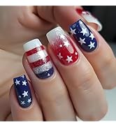 4 of July Press on Nails Independence Day Fake Nails Full Cover Square Medium Length False Nails ...