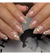 24Pcs French Tip Press on Nails Short Almond Fake Nails with Flower Designs 3D Chrome Gold French...