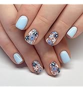 Tyuimhx Blue Flowers Press on Nails Square Short Fake Nails Light Blue False Nails Glossy Full Co...