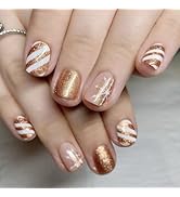 Christmas Short Press on Nails Square Fake Nails Gold Glitter False Nails with Design Snowflake G...