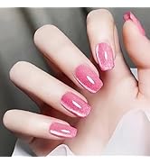 Cat Eye Press on Nails Medium Square Glue on Nails Glitter Glossy Fake Nails Pink Translucent Nai...