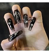 Black Long Press on Nails Coffin Fake Nails with Butterfly Designs False Nails Rhinestones Design...