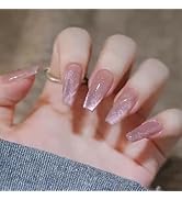 Long Coffin Press on Nails Light Pink Cat Eye Fake Nails Long Coffin False Nails with Gradient & ...