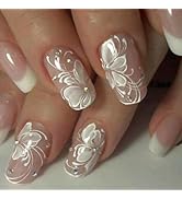 White Flowers Press on Nails Short Square Fake Nails With Glitter Rhinestones Designs White Frenc...