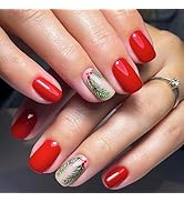 Christmas Press on Nails Short Square Fake Nails Red Nude Glue on Nails with Christmas Tree False...