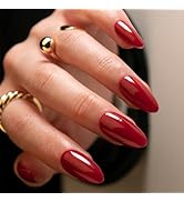Christmas Press on Nails Red Medium Almond Pure Color Acrylic Nails Set Reusable Fake Nails Almon...
