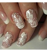 24Pcs French Tip Press on Nails Medium Square Nails Flower Fake Nails with Diamond Designs Spring...