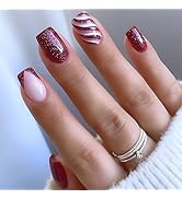 24Pcs Christmas Nails French Tip Fake Nails Red False Nails Swirl Designs Press on Nails Pink Ful...
