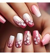 Medium Coffin Press on Nails Flowers Acrylic Nails Pink & White Ombre Fake Nails Glossy Full Cove...