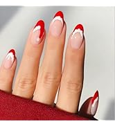 Christmas Press on Nails Medium Almond Fake Nails Red French Tip False Nails with Design Cute San...
