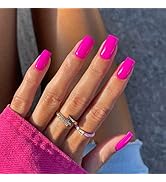Hot Pink Nails Press ons Neon Pink Press on Nails Medium Square Glue on Nails Medium Length Short...