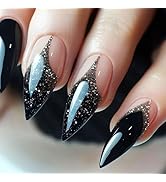 Black French Tips Press on Nails 24Pcs Black Gradient False Nails Starry Long Stiletto Acrylic Fa...