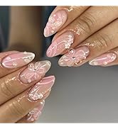 Tyuimhx 3D Flowers Press on Nails Medium Almond with 3D Butterfly Pearls Rhinestones Designs Blus...
