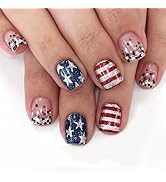 4th of July Press on Nails Short Square Fake Nails Star False Nails Glitter Full Cover Acrylic Na...