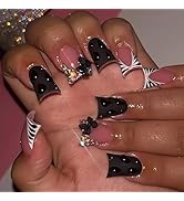 LPOODDNU Elegant Press on Nails 3D Black Polka Dot Fake Nails Zebra Print Accent French Tips Glue...