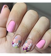 Short Pink Press on Nails Square Shape Fake Nails with Flower Designs Glossy Full Cover Stick on ...