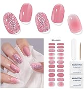 DUKASOU Gel Nail Strips for Women(No UV Light Needed), 22Pcs Pink Silver Glitter Gel Nail Sticker...