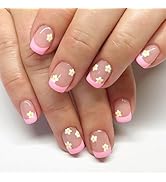 Tyuimhx Pink French Tip Press on Nails Short Square Fake Nails White Flowers False Nails Glossy F...