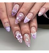 Almond Press on Nails Medium Fake Nails Purple French Tip False Nails with Designs 3D Flower Pear...