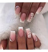24 Pcs Medium Square Fake Nails French Tip Press on Nails, Glossy Glue on Nails Full Cover False ...