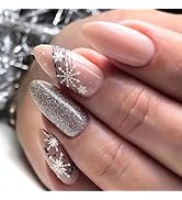 Almond Press on Nails Christmas Medium Fake Nails Nude False Nails Snowflake Line with Designs Ac...