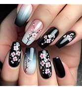 Tyuimhx Black Press on Nails Short Coffin Fake Nails with Designs Flowers False Nails Glossy Full...