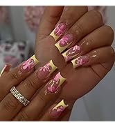24pcs Yellow Press on Nails Medium Length Square Fake Nails French Tip Press ones False Nails wit...