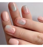 Marble Press on Nails Short Square Fake Nails Pink Gradient False Nails with Design Mirror Glue o...