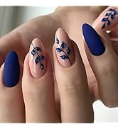 Tyuimgx Blue Rhinestones Leaves Press on Nails Medium Almond Fake Nail with Leaf Designs Blue Mat...