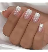 24pcs French Tip Press on Nails Short Square Pink Fake Nails with Glitter Design Glue on Nails Gr...