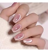Pink Cat Eye Press on Nails Medium Square Fake Nails Glitter Gradient False Nails Full Cover Shin...