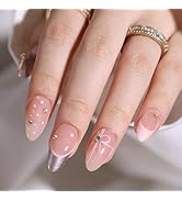 30 Pcs Pink Press on Nails Short Almond - SHANRUN Silver French Tip Fake Nails Press ons Nail Art...