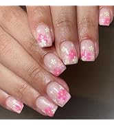 24 Pcs Pink Press on Nails Short Square RIICFDD Spring Fake Nails with Colorful Flower False Nail...