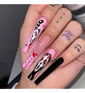 Halloween Press on Nails Long Coffin Fake Nails with Designs Cute Ghost Spider Bat False Nails Fu...