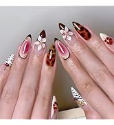 24Pcs French Tip Press on Nails Medium Almond Fake Nails with Gold Beads Designs Spring Summer Fl...