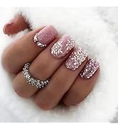 24Pcs Christmas Press on Nails Short Square Stick on Nails Pink Fake Nails with Rhinestones Desig...