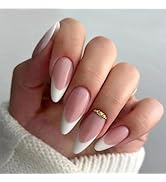 French Tip Press on Nails Medium Almond Fake Nails White Acrylic Nails Reusable False Nails with ...