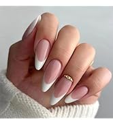 French Tip Press on Nails Medium Almond Fake Nails White Acrylic Nails Reusable False Nails with ...