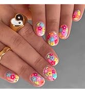 Summer Press on Nails Short Petite Fake Nails Full Cover Colorful Flower Designs Acrylic Nails Cu...