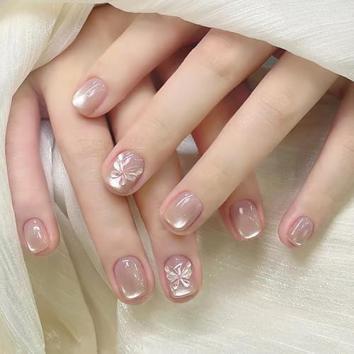 24 Pcs Butterfly Press on Nails Short Square Fake Nails with Cute Butterfly Designs Full Cover Glitter Acrylic Nails Daily Wear False Nails Glossy Stick on Nails Glue on Nails for Women and Girls