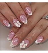 24 Pcs French Tip Press on Nails Short Almond Bow Fake Nails with Pearl Designs White French Tip ...
