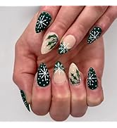 Christmas Green Press on Nails Medium Almond Fake Nails Snowflake False Nails with Designs Matte ...