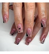 24 Pcs Pink Press on Nails Medium Square - SHANRUN Fake Nails Press ons Black Oblique French Nail...