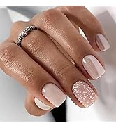 24 Pcs Nude Pink Press on Nails Short Fake Nails Square Glitter Designs False Nails with Glossy A...